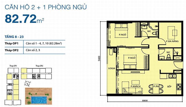 Mặt bằng căn hộ 2+1 phòng ngủ 82.72m2 Orchard Park View