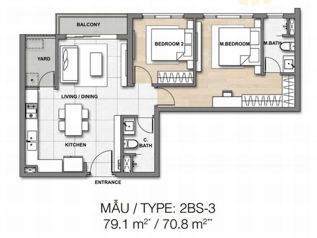 Mặt bằng căn hộ Loại 2 phòng ngủ Palm heights (79.1 / 70.8 m2)