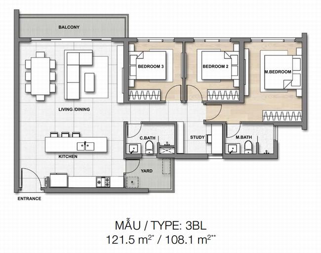 Mặt bằng căn hộ Loại 3 phòng ngủ Palm heights (121.5 / 108.1 m2)