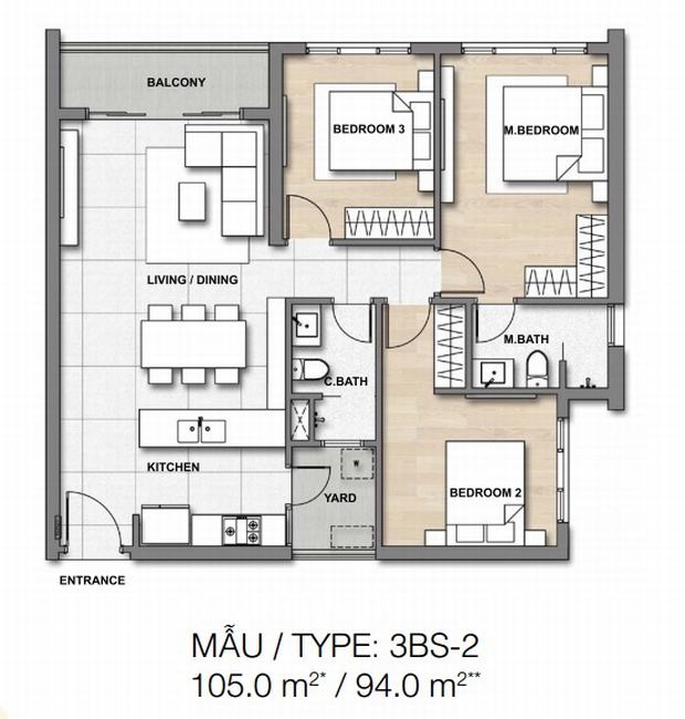 Mặt bằng căn hộ Loại 3 phòng ngủ Palm heights (105.0 / 94.0 m2)
