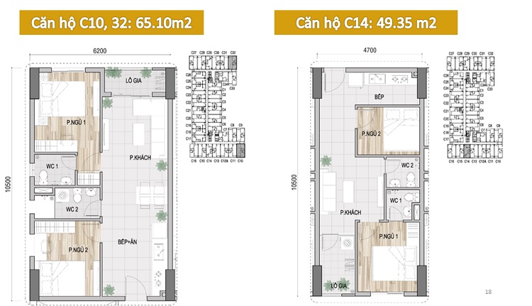 Mặt bằng căn hộ C10,32: 65.10m2, căn hộ C14: 49.35m2 prosper plaza