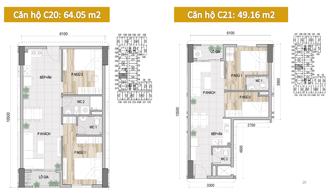 Mặt bằng căn hộ C20: 64.05m2, căn hộ C21: 49.16m2 prosper plaza