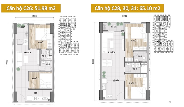 Mặt bằng căn hộ C26: 51.98m2, căn hộ C28,30,31: 65.10m2 prosper plaza