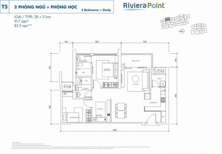 Căn 2 phòng ngủ 2B + S1 AM 92m2 Riviera Point