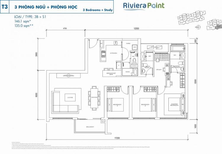 Căn 2 phòng ngủ 3B+S1 146m2 Riviera Point