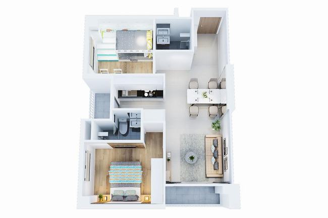 Layout thiết kế căn hộ 2 phòng ngủ 64.3m2 - West Intela