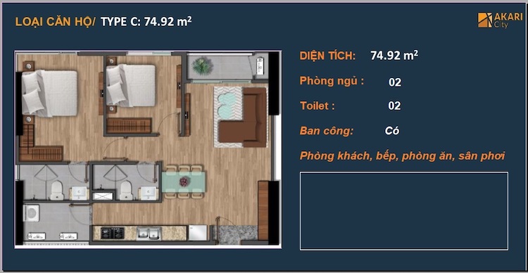 Thiết kế căn hộ Akari City 74,92m2