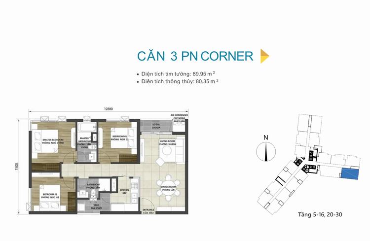 Mặt bằng thiết kế căn hộ 3 phòng ngủ Corner - 89m2 - D-Homme Quận 6