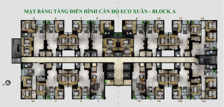 Phối cảnh 3D Mặt bằng tầng Block A – Căn hộ Eco Xuân Lái Thiêu Bình Dương