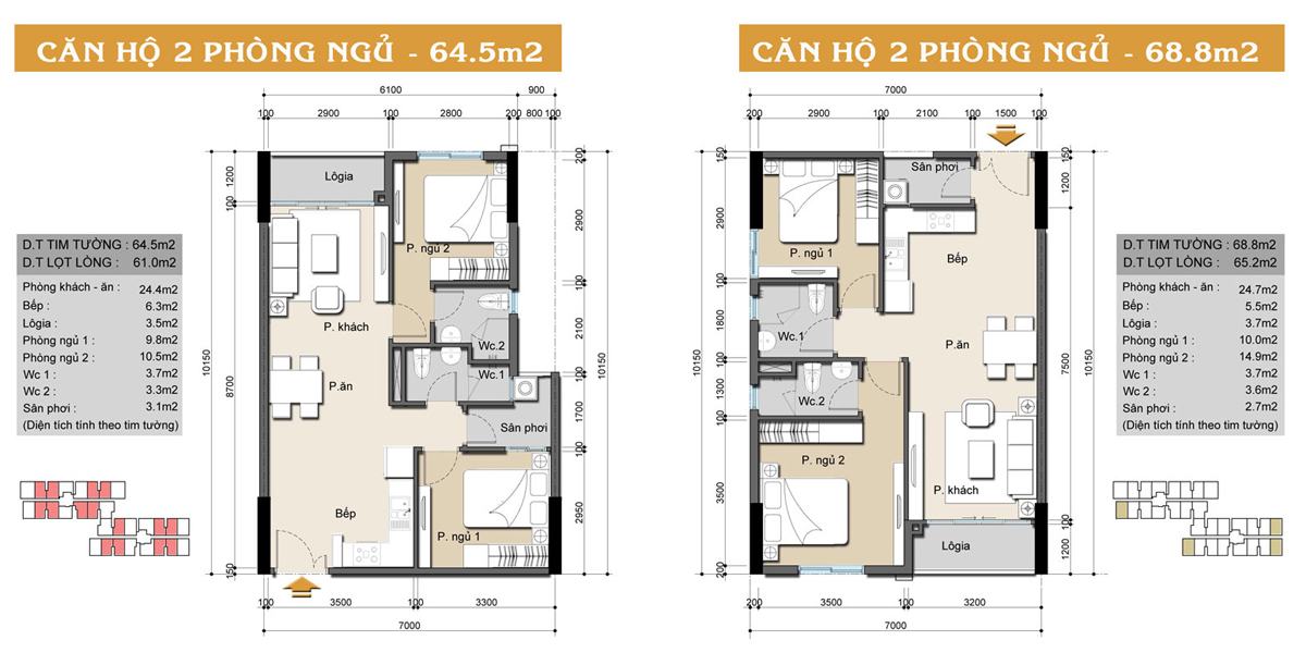 Mặt bằng căn hộ 2 phòng ngủ - 64,5m2 & 68,8m2