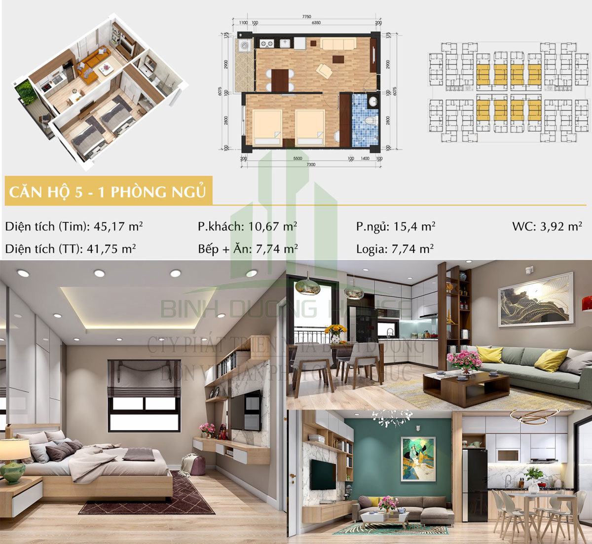 Thiết kế căn hộ loại 5 - 1 phòng ngủ - Unico Thăng Long Bình Dương