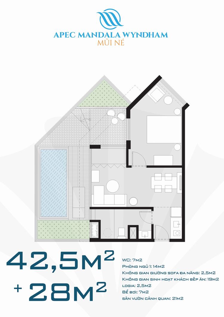 Mặt bằng thiết kế căn hộ 42,5m2 và 28m2 hồ bơi dự án Apec Mandala Wyndham Mũi Né