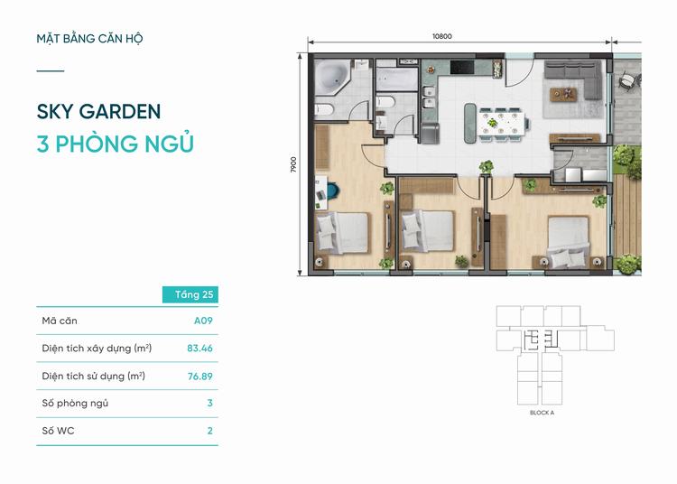 Thiết kế căn hộ Sky Garden 3 phòng ngủ 83m2 dự án D-Aqua