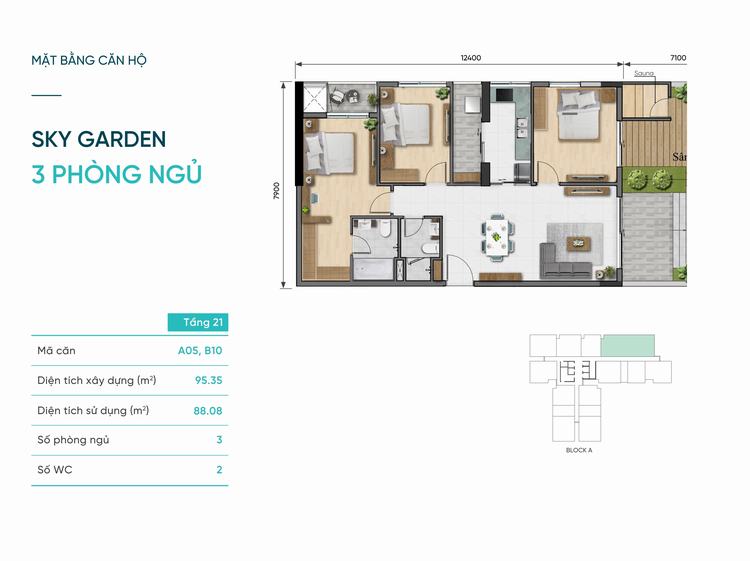 Thiết kế căn hộ Sky Garden 3 phòng ngủ 95m2 dự án D-Aqua
