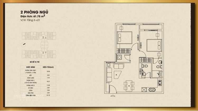 Mặt bằng thiết kế căn hộ 2 phòng ngủ 61.75m2 - Dream Home Palace Quận 8