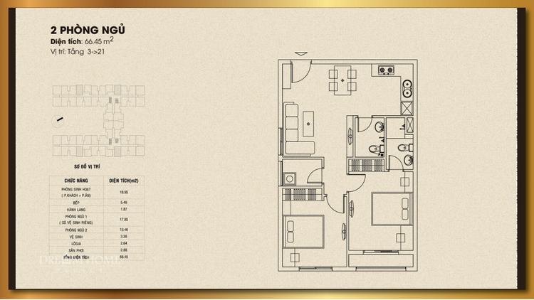 Mặt bằng thiết kế căn hộ 2 phòng ngủ 66.45m2 - Dream Home Palace Quận 8