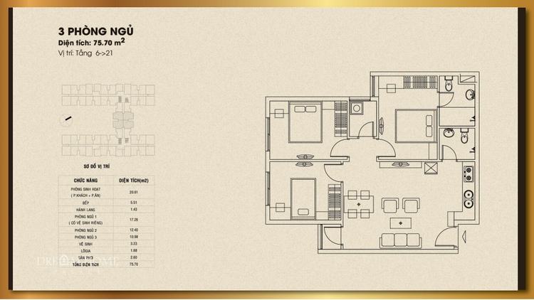 Mặt bằng thiết kế căn hộ 3 phòng ngủ 75.70m2 - Dream Home Palace Quận 8