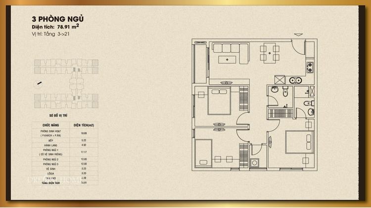 Mặt bằng thiết kế căn hộ 3 phòng ngủ 78.91m2 - Dream Home Palace Quận 8