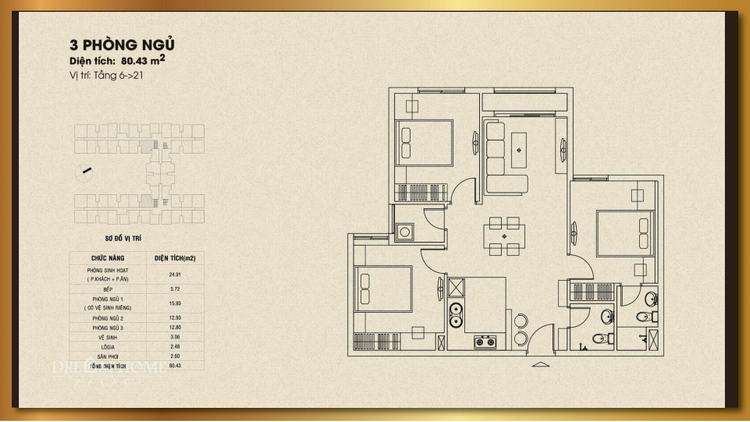 Mặt bằng thiết kế căn hộ 3 phòng ngủ 80.43m2 - Dream Home Palace Quận 8